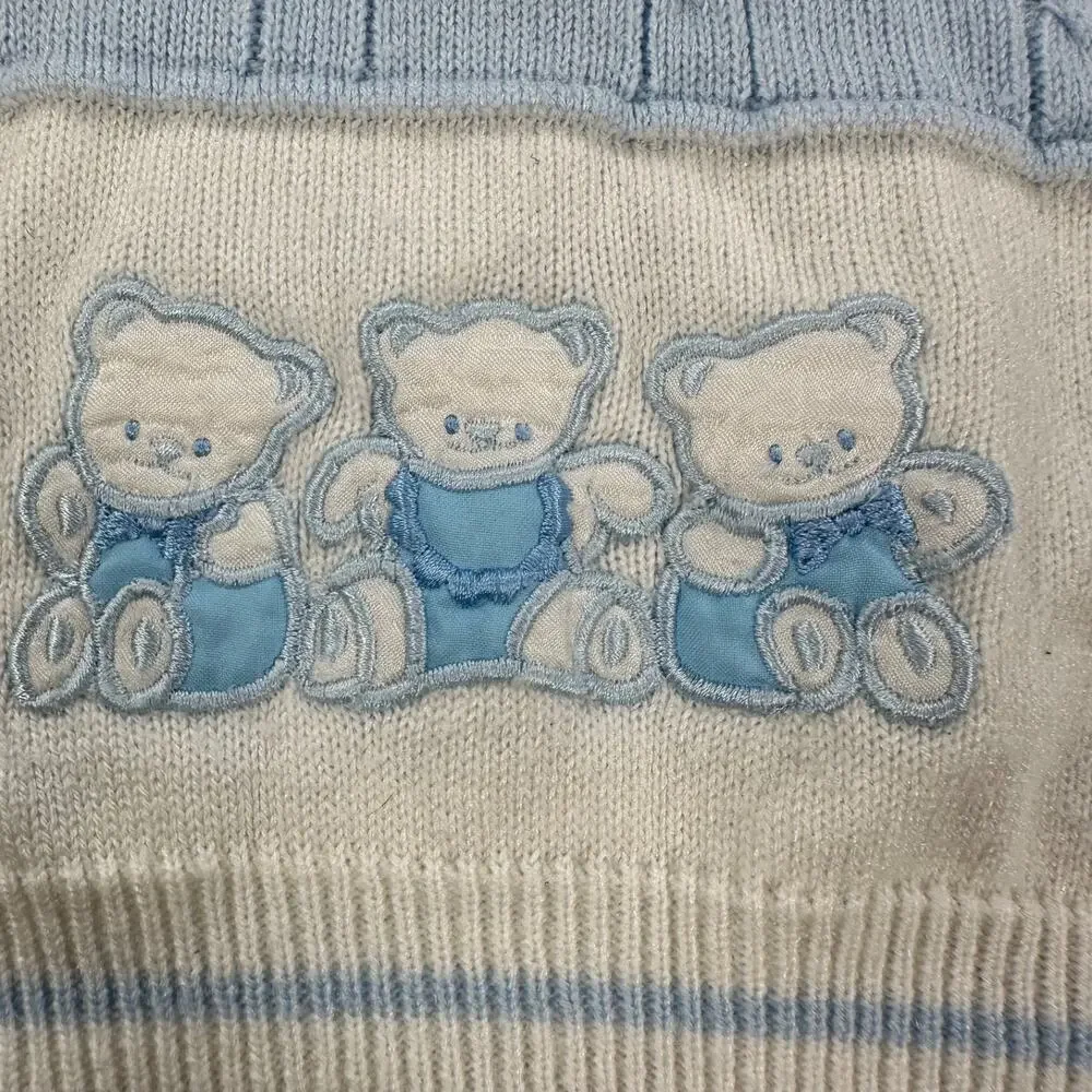 Small Steps Teddy Bear Sweater Baby Boy 3/6 Month Vintage Blue/White Knit Button